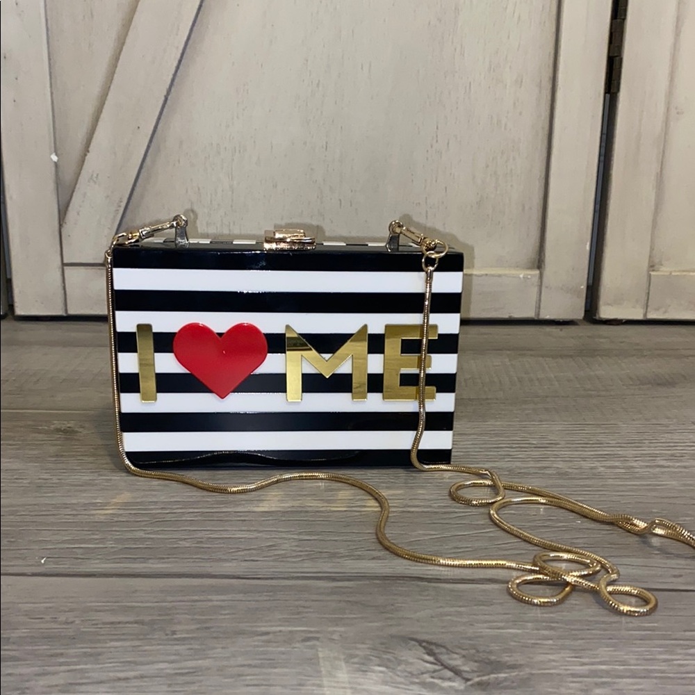 Milly Black and White Striped Clutch with Red Heart and Gold Accents
